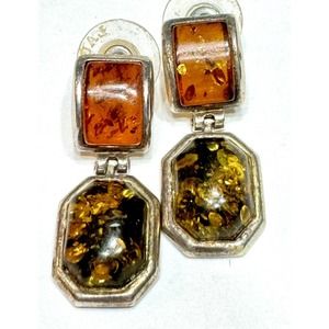 Vintage Sterling Silver Spangled Amber Dangle/Drop Post Back Earrings Tested